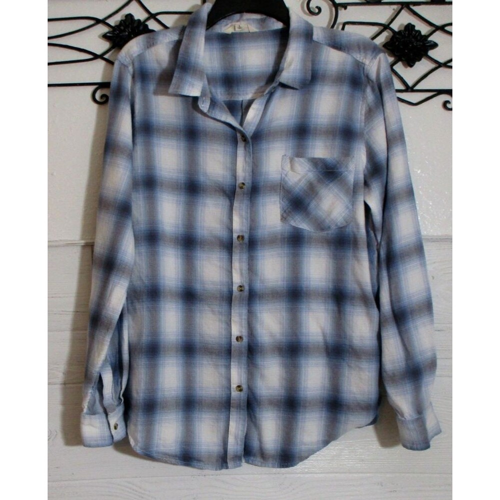 Lucky Brand Button Up Women's Top Size L Blue Plaid Long Sleeve